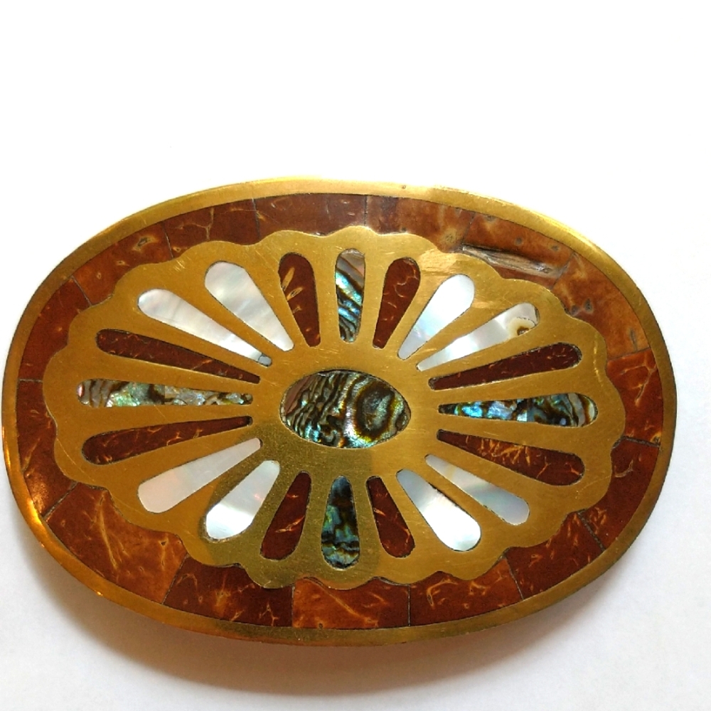 Brass Belt Buckle With Abalone And Mother Of Pearl Made In Mexico Bo Duke Style